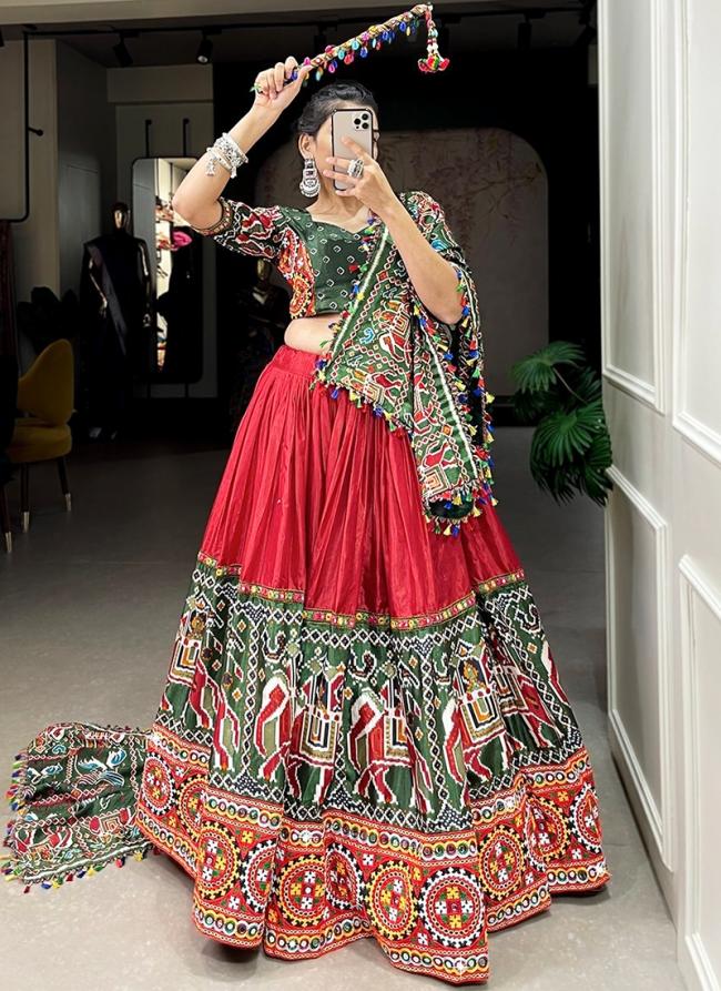 Soft Butter Silk Red Navratri Wear Printed Lehenga Choli